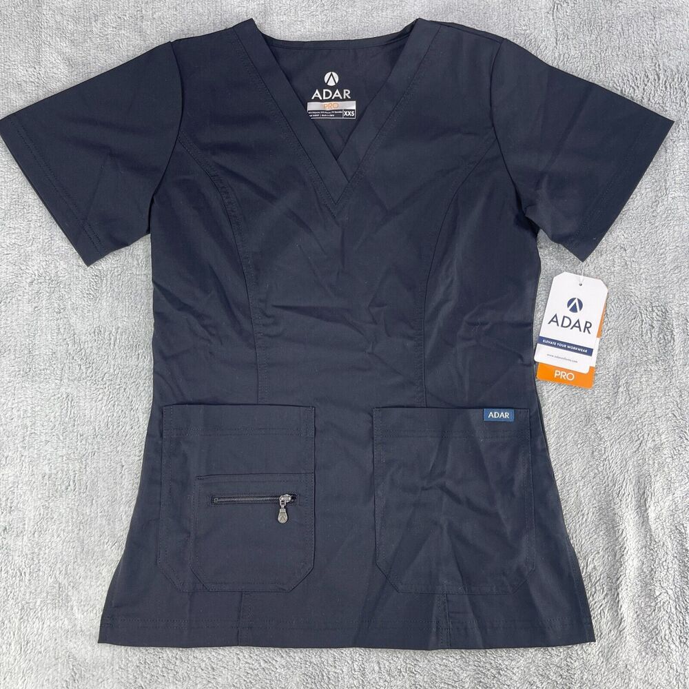 Adar Pro Scrub Top Women's 2XS Black Tailored Fit Short Sleeve V-Neck Pullover